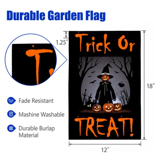Linen Garden Flag Banner – Halloween
– Trick or Treat Scarecrow 12″x18″ Garden Banner Flags Decorative Yard 3