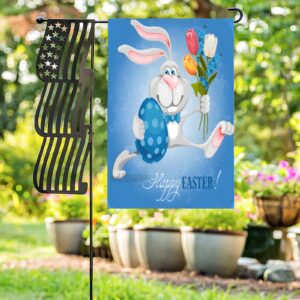 Linen Garden Flag Banner – Easter   – Blue Tulip Bunny 12″x18″ – White  Garden Banner Flags Decorative Yard