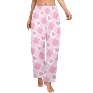 Ladies Sleeping Pajama Pants – Pink-Plaid Heart – Women’s Pajamas Clothing Cozy Lounge Trousers