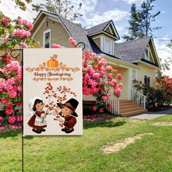 Thanksgiving Holiday Linen Garden Flag Banner – Pilgrims – 12 inches x 18 inches Garden Banner Flags Decorative Yard 5