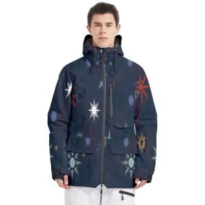 Multicolor Blizzard Winter Snowflakes Ski And Snowboard Gear –  Men’s Multi Pockets Zip Ski And Snowboard Waterproof Breathable Jacket Clothing