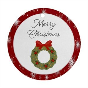 Red Christmas Holiday Tile Tree Ornaments – Wreath (round) – Imported CN Christmas Decorations