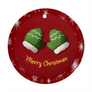 Red Christmas Holiday Tile Tree Ornaments – Green Mittens (round) – Imported CN Christmas Decorations 2