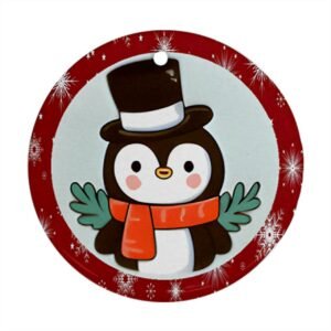 Red Christmas Holiday Tile Tree Ornaments – Penguin (round) – Imported CN Christmas Decorations