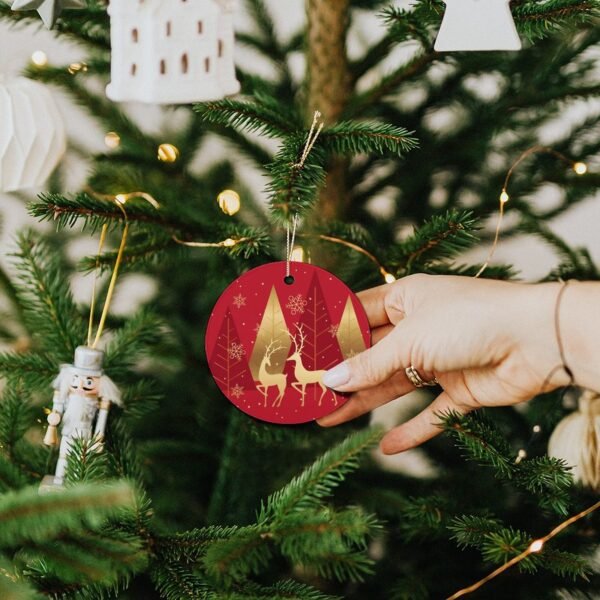 Gold Deer – Ceramic Christmas Ornament Circle 3×3 Ornaments Ceramic Holiday Keepsake 5
