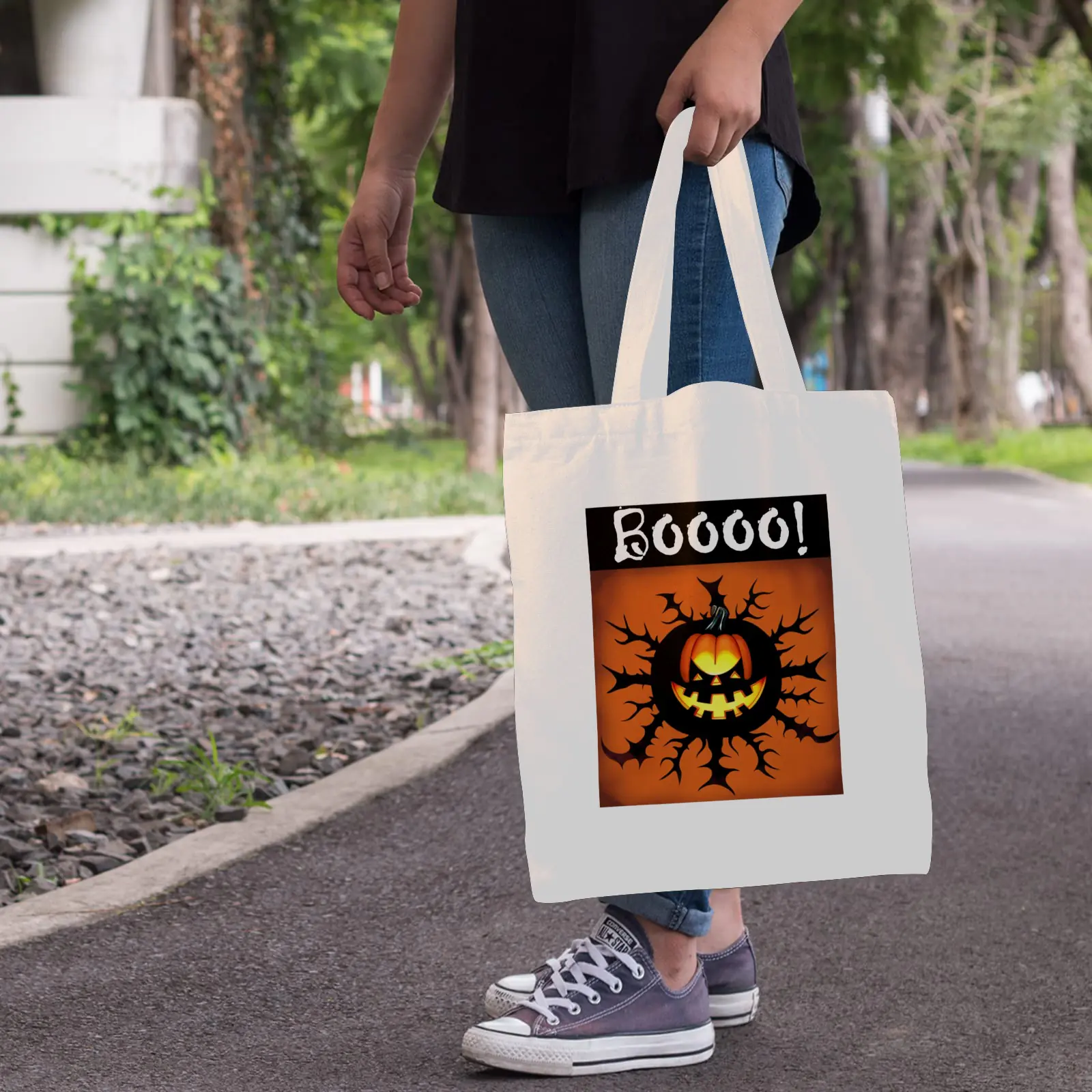 Halloween Tote Bag – Reusable Washable Cotton Boo Bag Tote Bags boo halloween tote