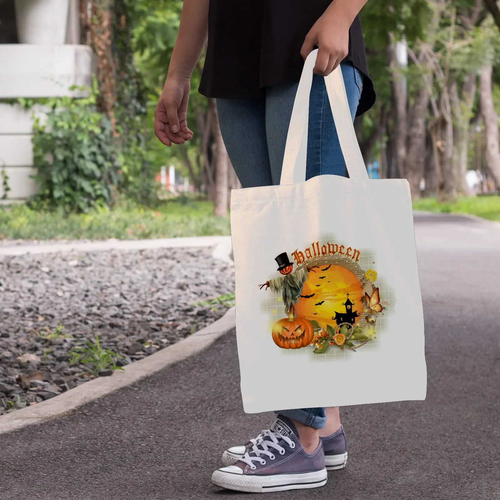 Halloween Tote Bag – Reusable Washable Cotton Haunted House Bag Tote Bags boo halloween tote 5
