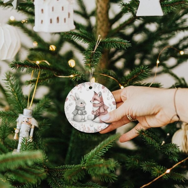 Bunny and Fox – Ceramic Christmas Ornament Circle 3×3 Ornaments Ceramic Holiday Keepsake 5