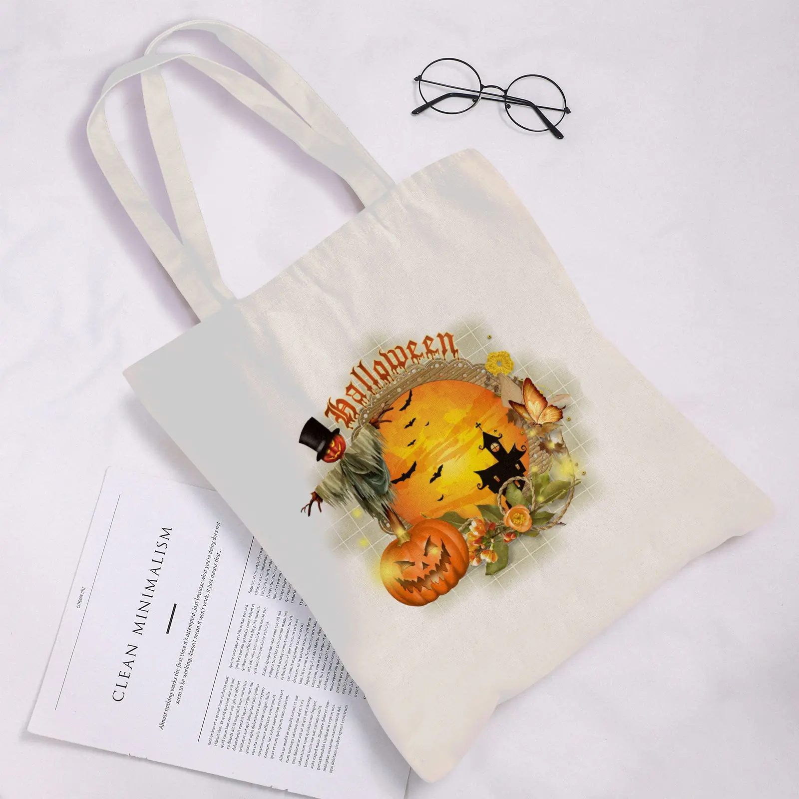 Halloween Tote Bag – Reusable Washable Cotton Haunted House Bag Tote Bags boo halloween tote 3