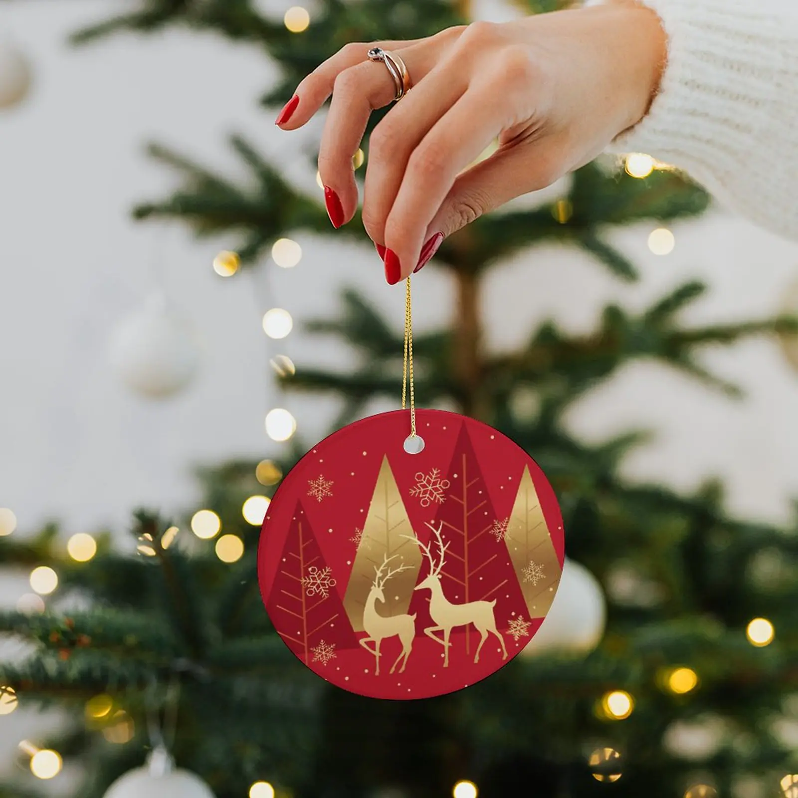 Gold Deer – Ceramic Christmas Ornament Circle 3×3 Ornaments Ceramic Holiday Keepsake 3