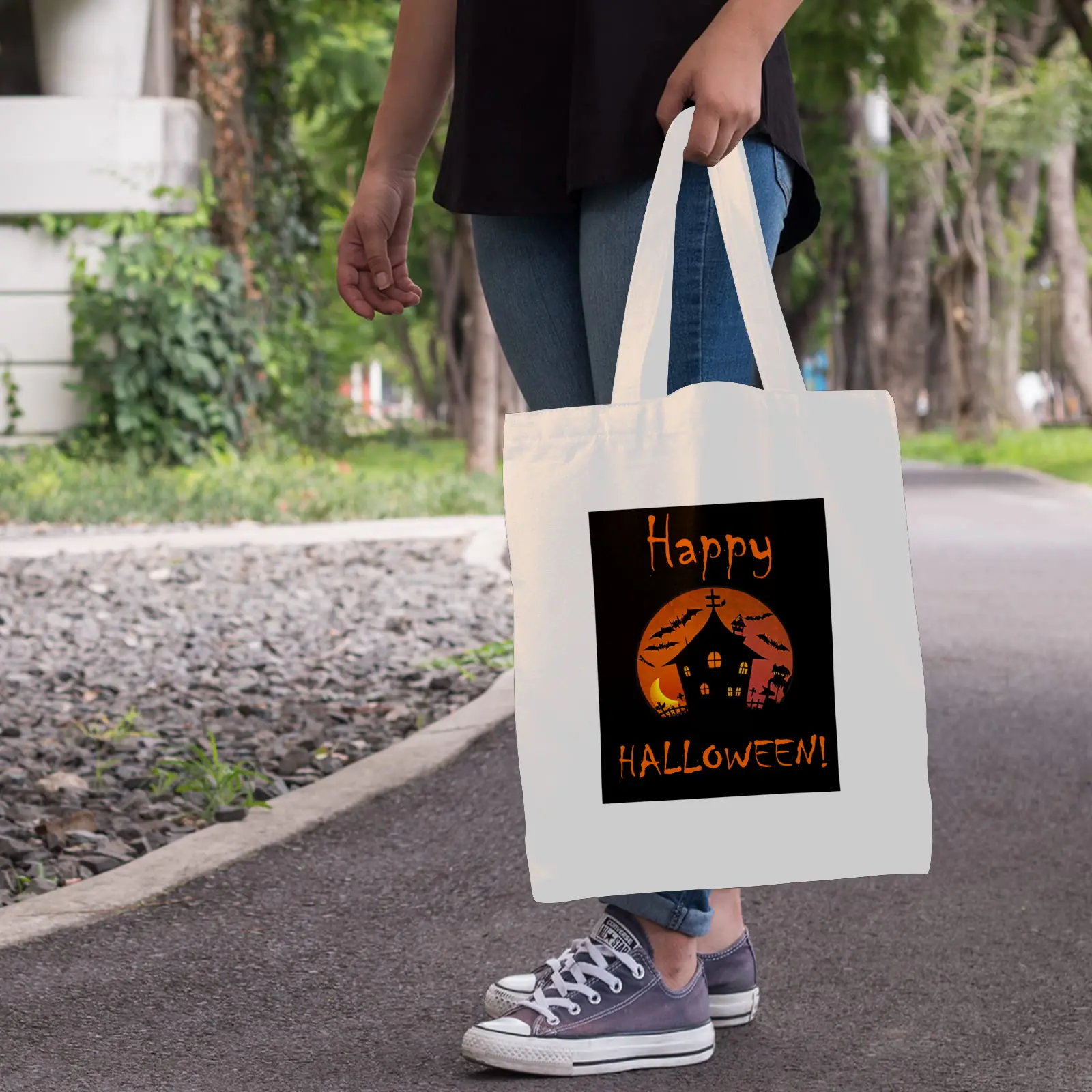Halloween Tote Bag – Reusable Washable Cotton Haunted Bag Tote Bags boo halloween tote 5