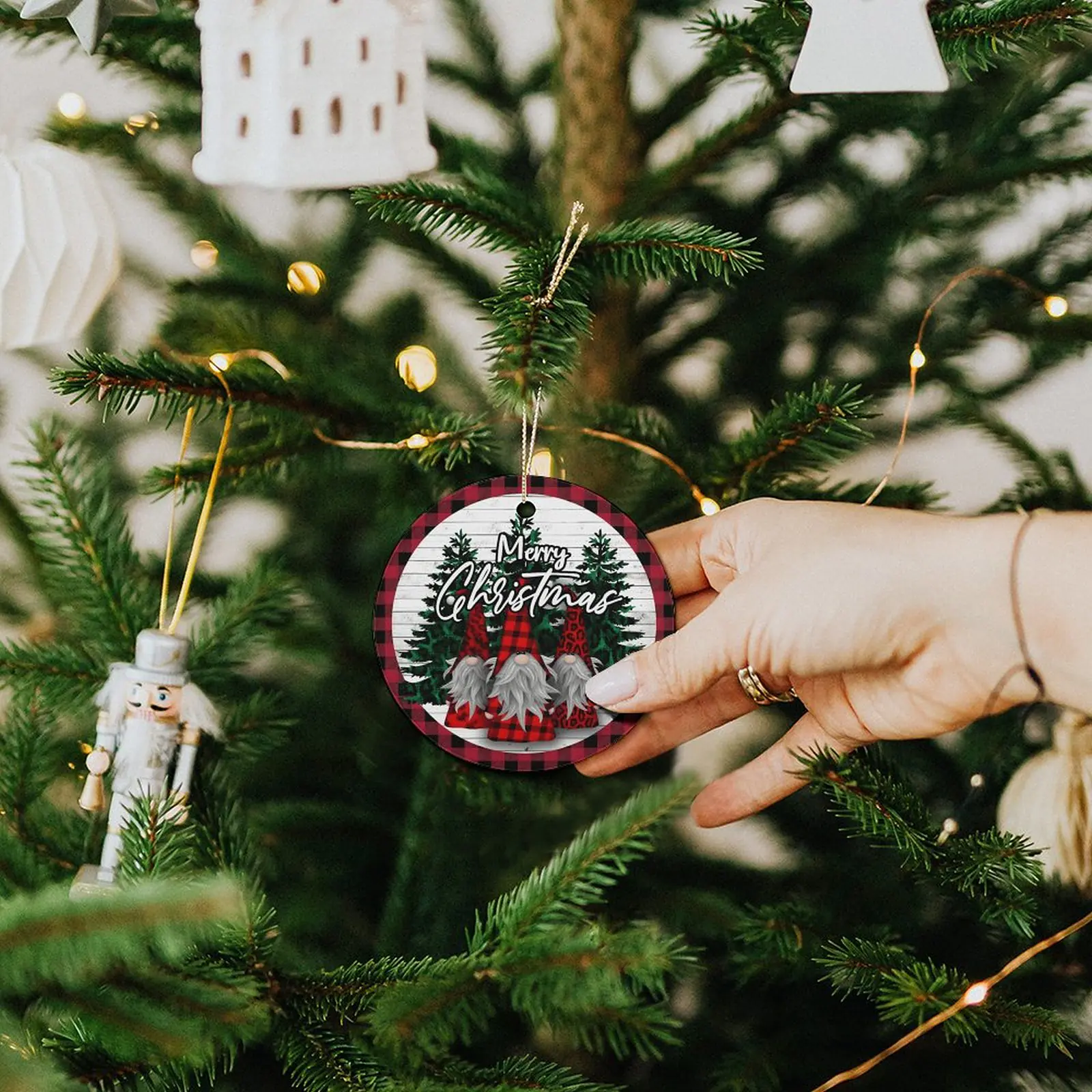 Plaid Gnomes – Ceramic Christmas Ornament Circle 3×3 Ornaments Ceramic Holiday Keepsake 5