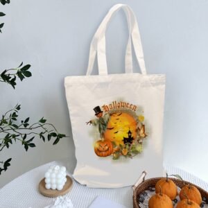 Halloween Tote Bag – Reusable Washable Cotton Haunted House Bag Tote Bags boo halloween tote