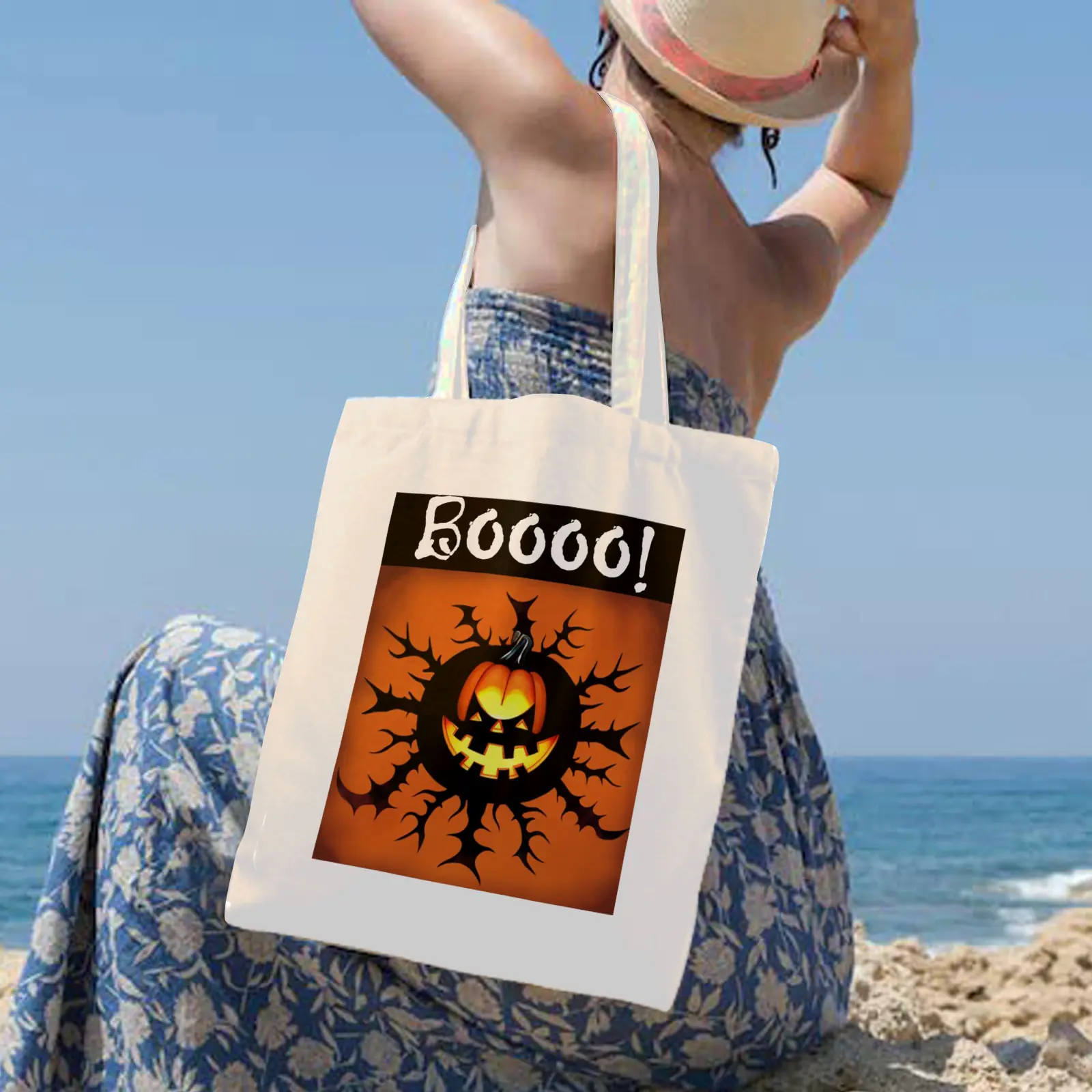 Halloween Tote Bag – Reusable Washable Cotton Boo Bag Tote Bags boo halloween tote 5