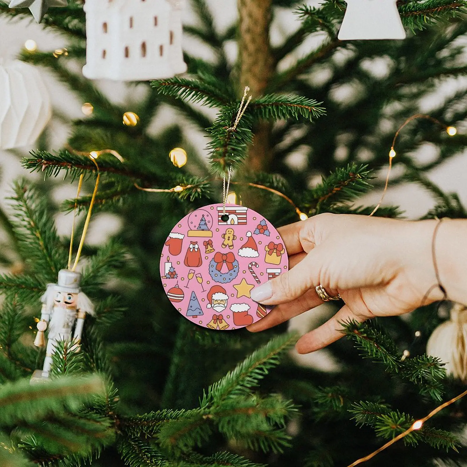 Pink Santa – Ceramic Christmas Ornament Circle 3×3 Ornaments Ceramic Holiday Keepsake 5