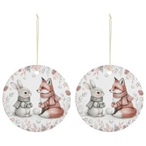 Bunny and Fox – Ceramic Christmas Ornament Circle 3×3 Ornaments Ceramic Holiday Keepsake