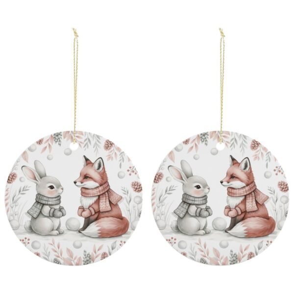 Bunny and Fox – Ceramic Christmas Ornament Circle 3×3 Ornaments Ceramic Holiday Keepsake