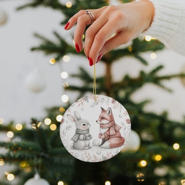 Bunny and Fox – Ceramic Christmas Ornament Circle 3×3 Ornaments Ceramic Holiday Keepsake 3