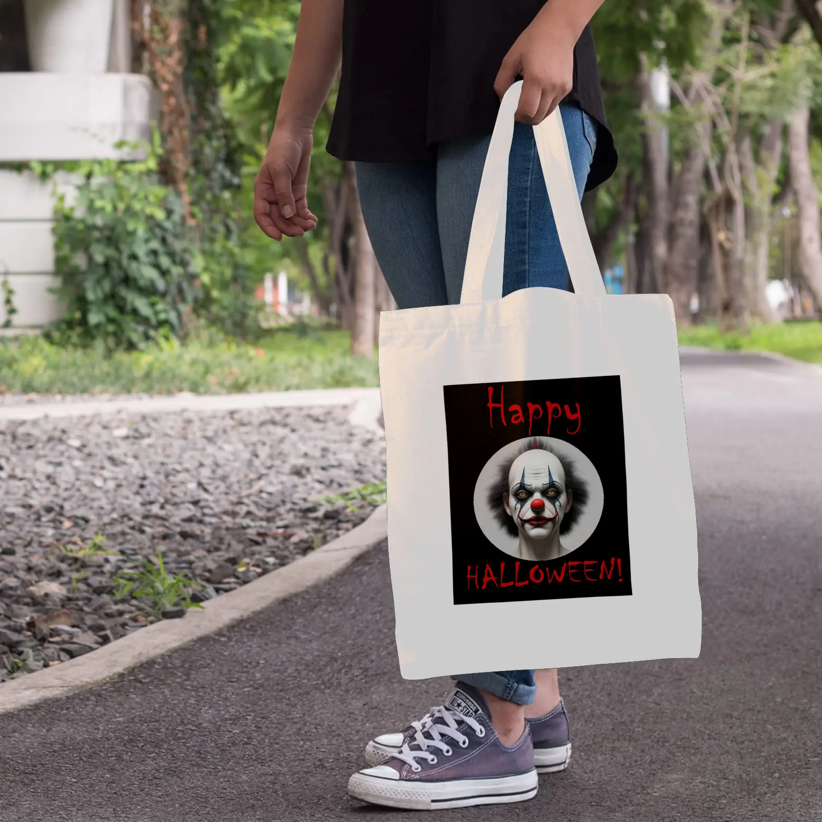 Halloween Tote Bag – Reusable Washable Cotton Clown Bag Tote Bags boo halloween tote