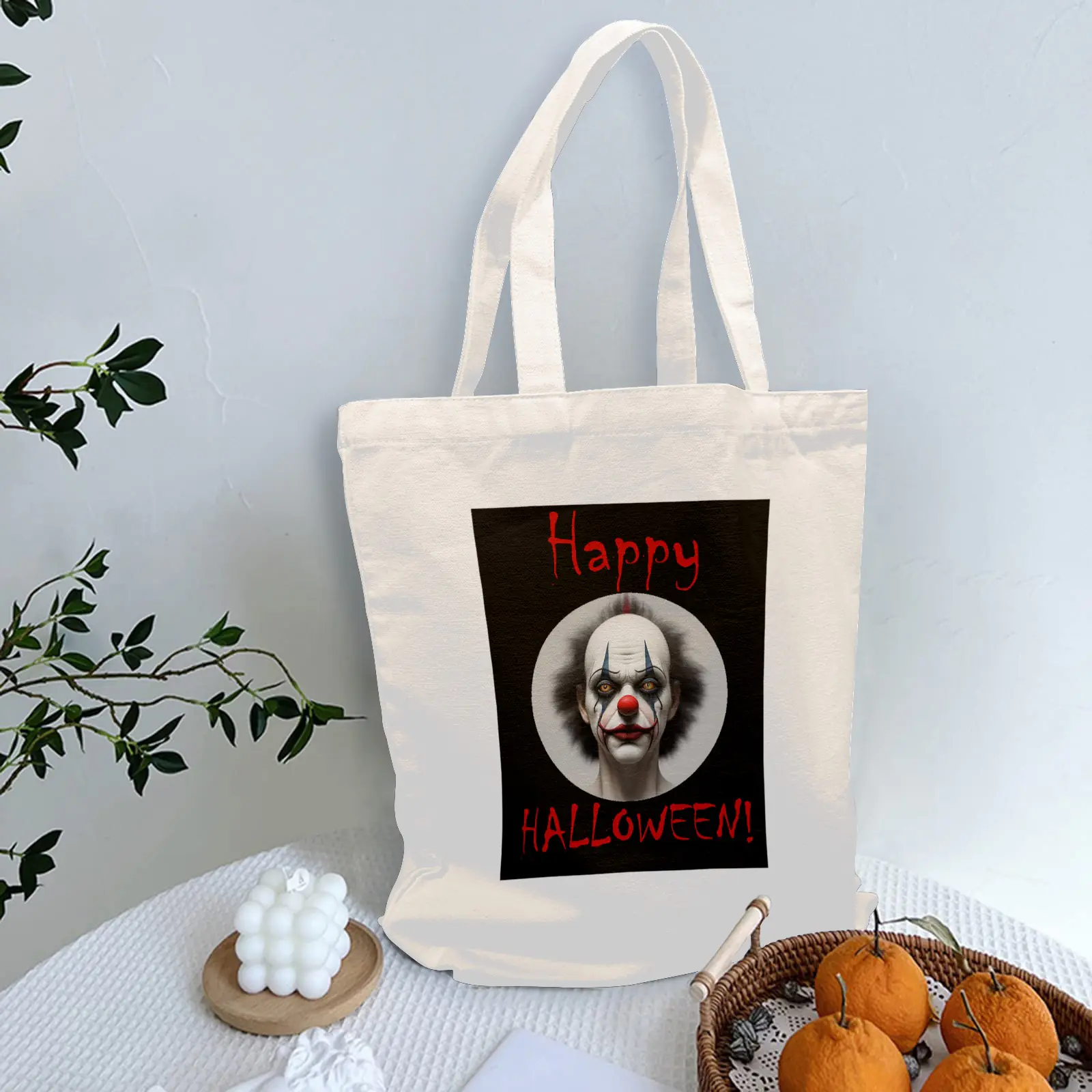 Halloween Tote Bag – Reusable Washable Cotton Clown Bag Tote Bags boo halloween tote 4