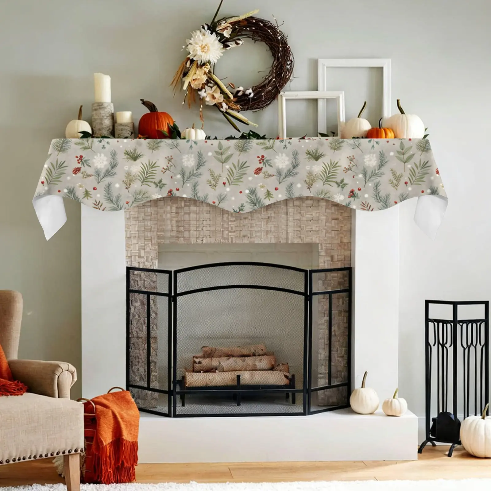 Christmas Holiday Fireplace Mantel Scarf | Grey Pinecone | Mantle Runner Christmas Fireplace Mantel Scarf Christmas Fireplace Decoration 4