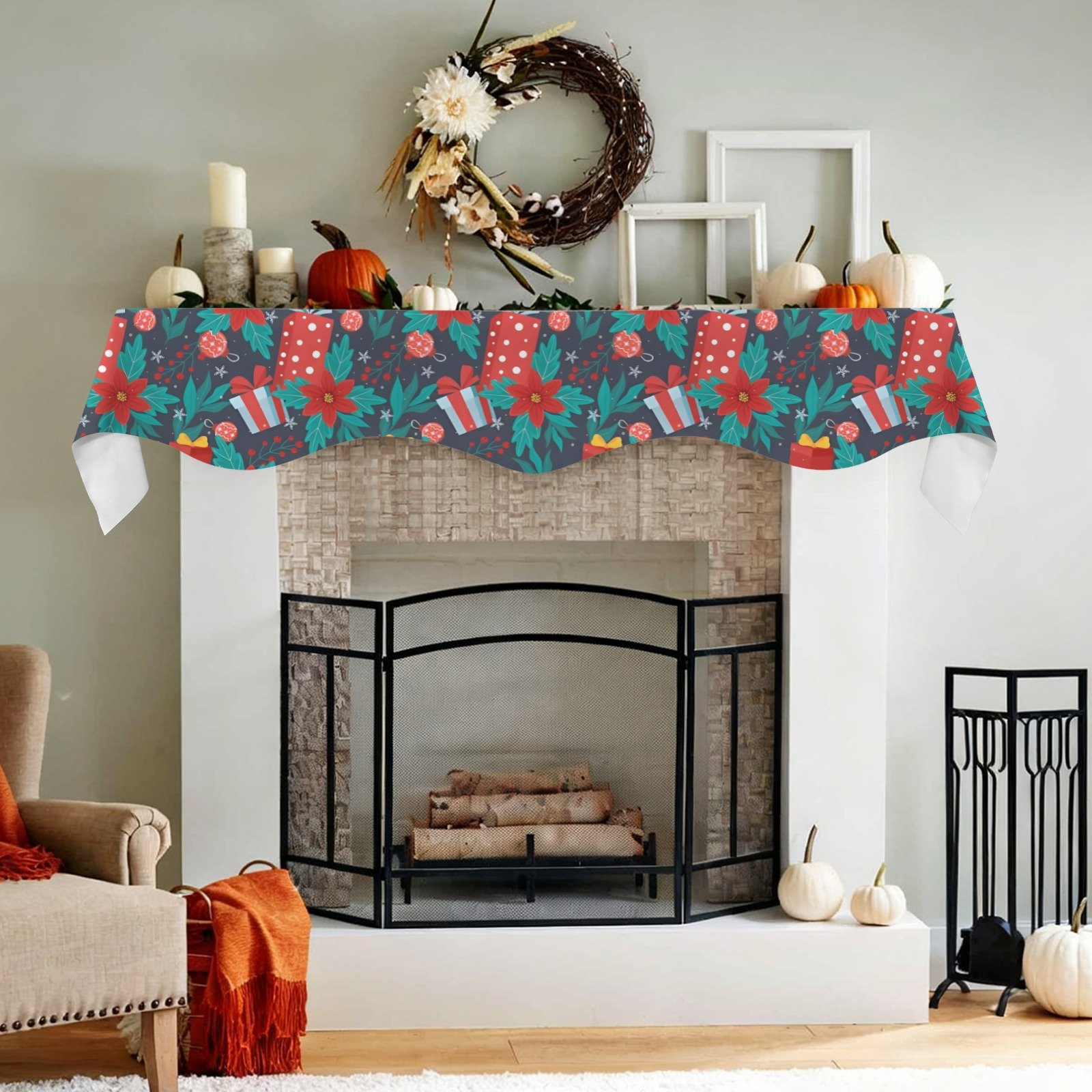Christmas Holiday Fireplace Mantel Scarf | Gold Holly | Mantle Runner Christmas Fireplace Mantel Scarf Christmas Fireplace Decoration 5