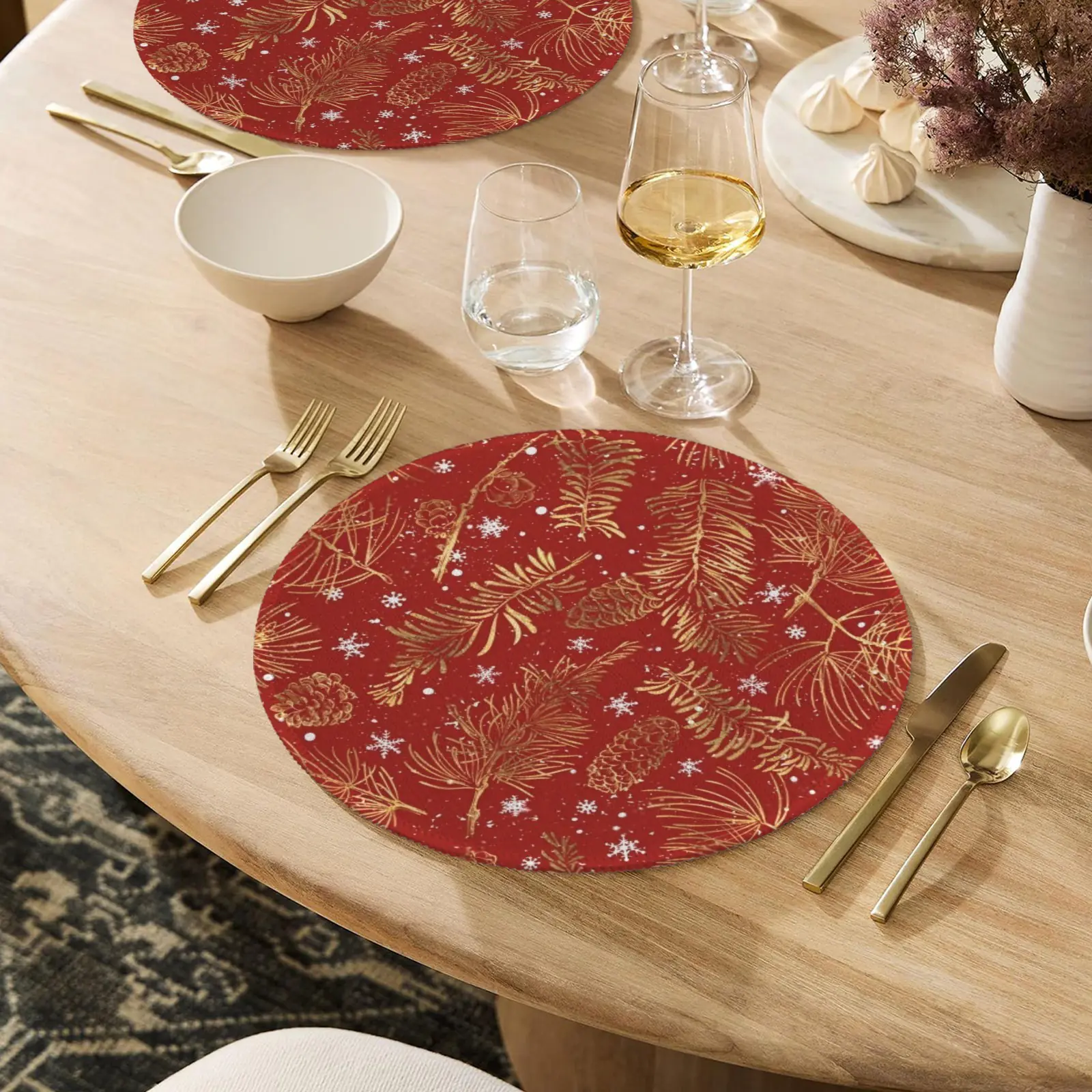 Christmas Placemats | Gold Pines | Holiday Dinner Table Decor | 4 Pack Christmas Placemats christmas dining decor