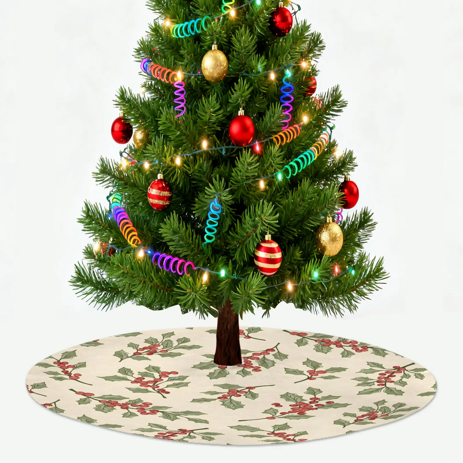 Holiday Christmas Tree Skirt | Holly | Traditional Rustic Round 48×48 Inch Home Decor Christmas Tree Skirts christmas tree decor 2