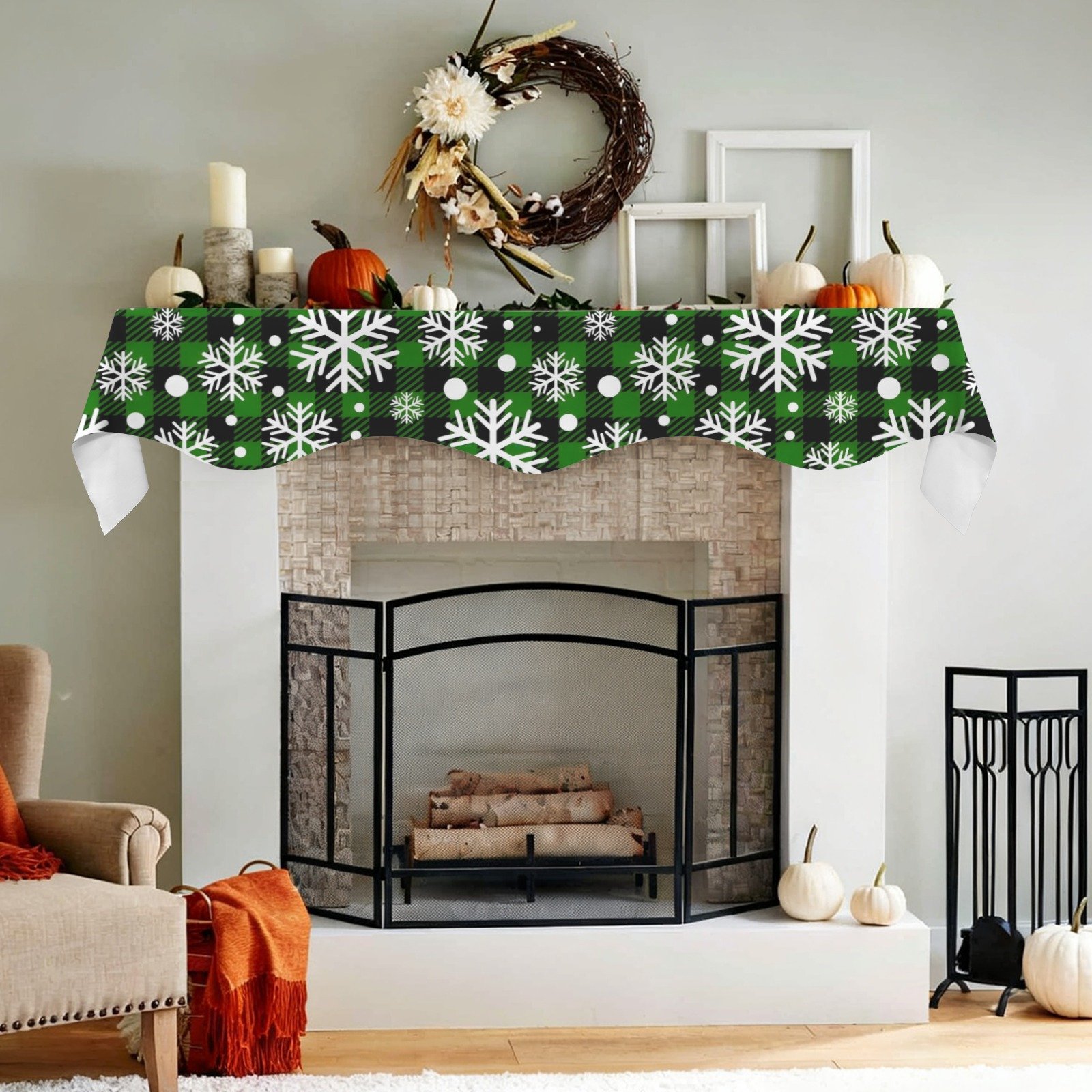 Christmas Holiday Fireplace Mantel Scarf | Green Flakes | Mantle Runner Christmas Fireplace Mantel Scarf Christmas Fireplace Decoration Christmas Holiday Fireplace Mantel Scarf | Green Flakes | Mantle Runner Christmas Fireplace Mantel Scarf Christmas Fireplace Decoration