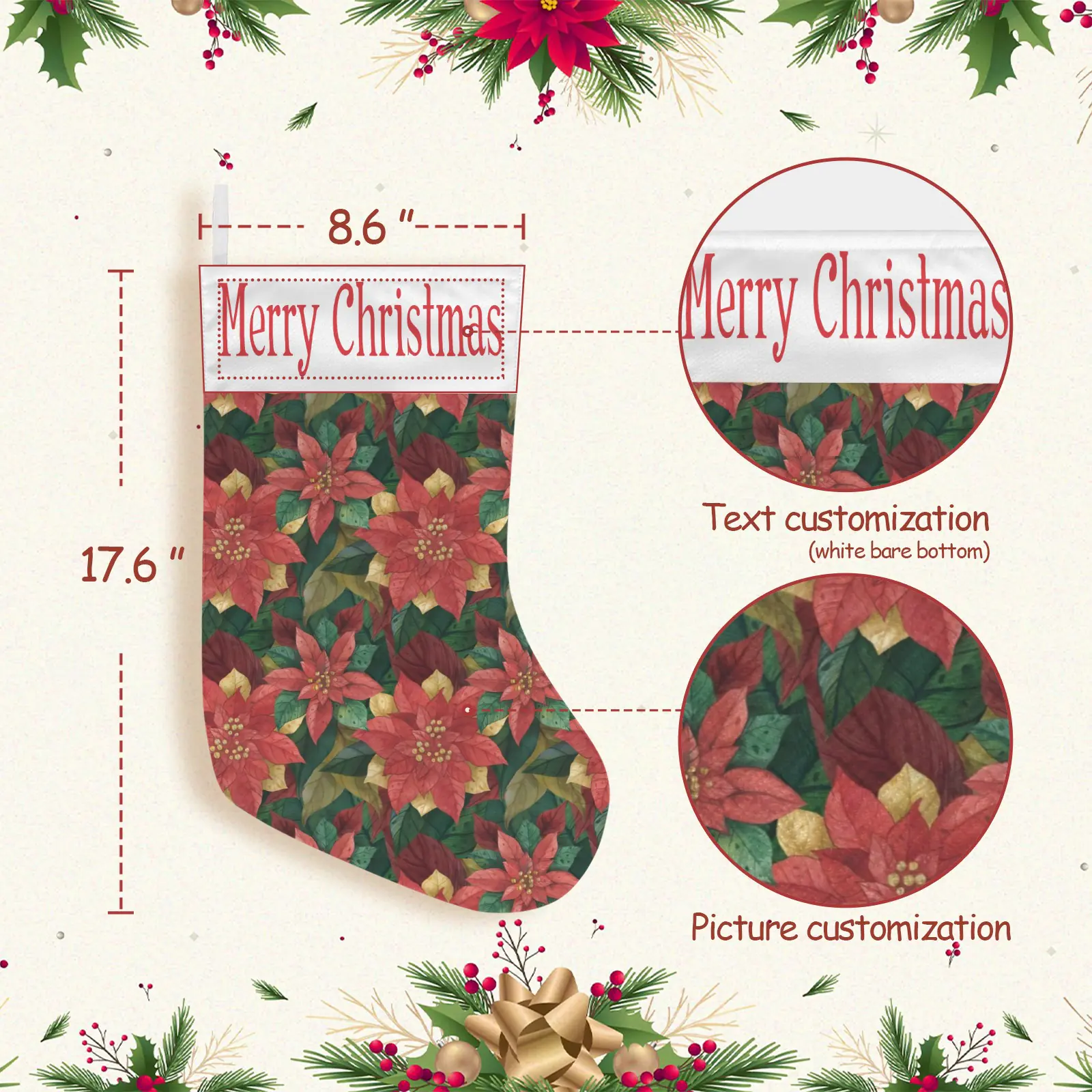Christmas Stockings | Holiday Stocking Sock | Poinsettias Christmas Stockings christmas sock 3