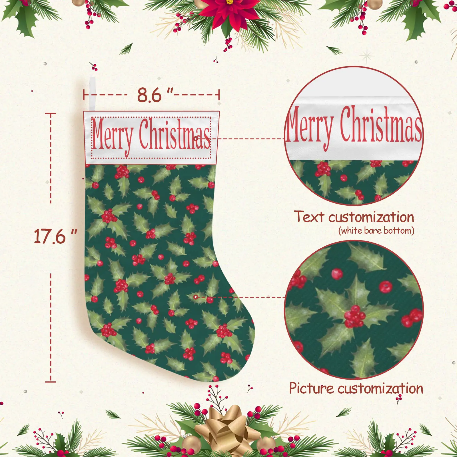 Christmas Stockings | Holiday Stocking Sock | Holly Christmas Stockings christmas sock 3