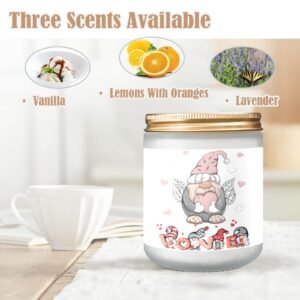 Scented Glass Jar Candle – Valentine’s Gnome Love Design, Vanilla, Lavender, or Orange Lemon Fragrance Scented Candles aromatherapy candles