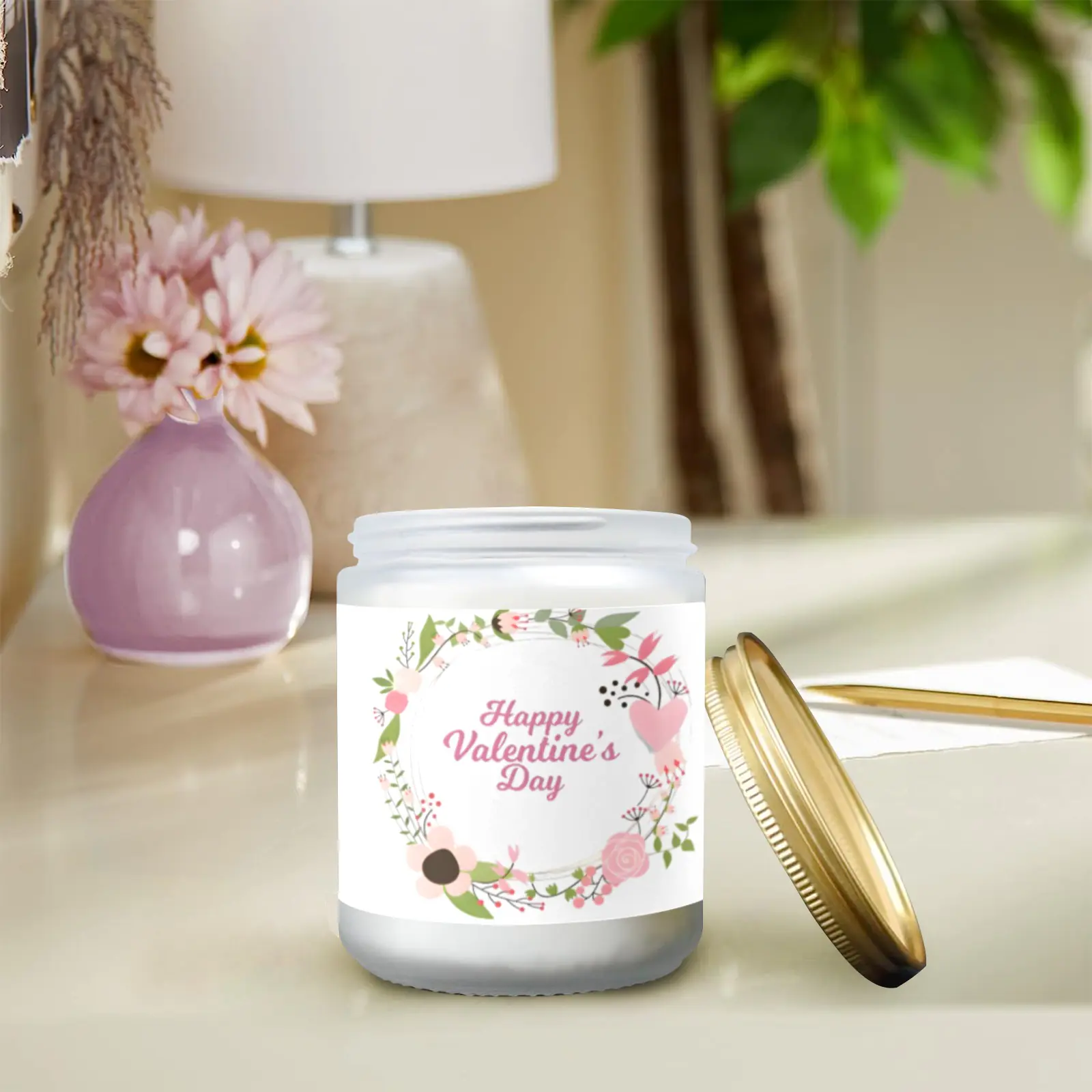 Scented Glass Jar Candle – Valentine’s Wreath Design, Vanilla, Lavender, or Orange Lemon Fragrance Scented Candles aromatherapy candles 3