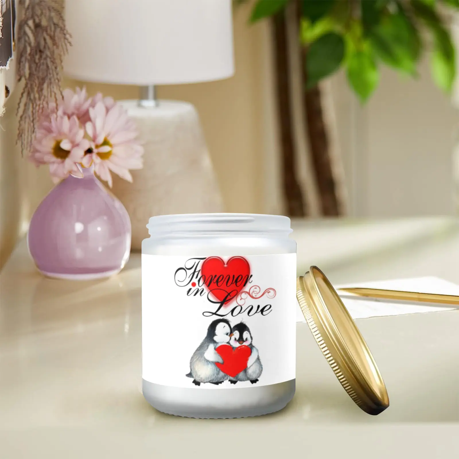 Scented Glass Jar Candle – Valentine’s Penguins Design, Vanilla, Lavender, or Orange Lemon Fragrance Scented Candles aromatherapy candles 3 Scented Glass Jar Candle – Valentine’s Penguins Design, Vanilla, Lavender, or Orange Lemon Fragrance Scented Candles aromatherapy candles 3