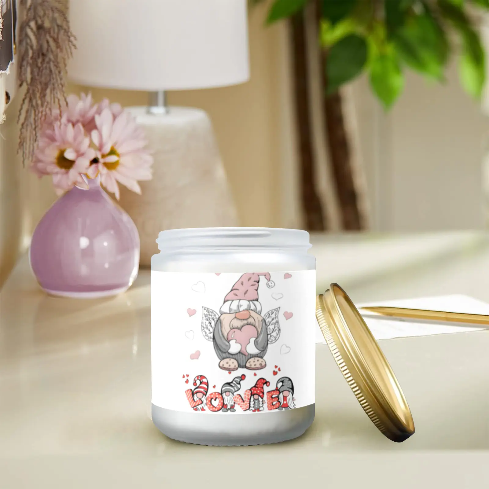 Scented Glass Jar Candle – Valentine’s Gnome Love Design, Vanilla, Lavender, or Orange Lemon Fragrance Scented Candles aromatherapy candles 4