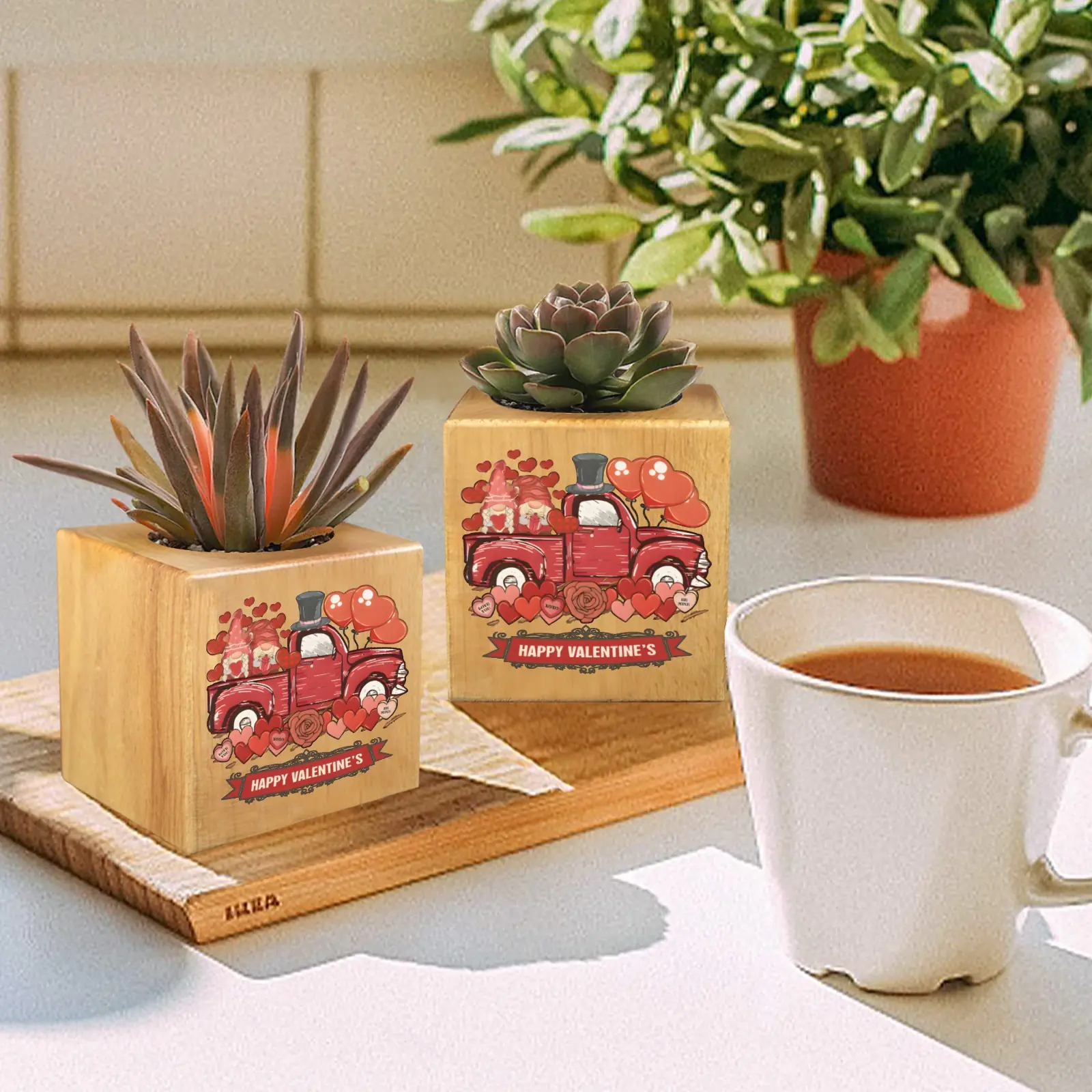Mini Flower Pot, Valentine’s Indoor Wooden Desk Planter – Truck Mini Wooden Flower Pot Planters cube flower pot 5