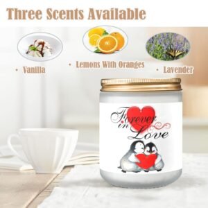 Scented Glass Jar Candle – Valentine’s Penguins Design, Vanilla, Lavender, or Orange Lemon Fragrance Scented Candles aromatherapy candles 4