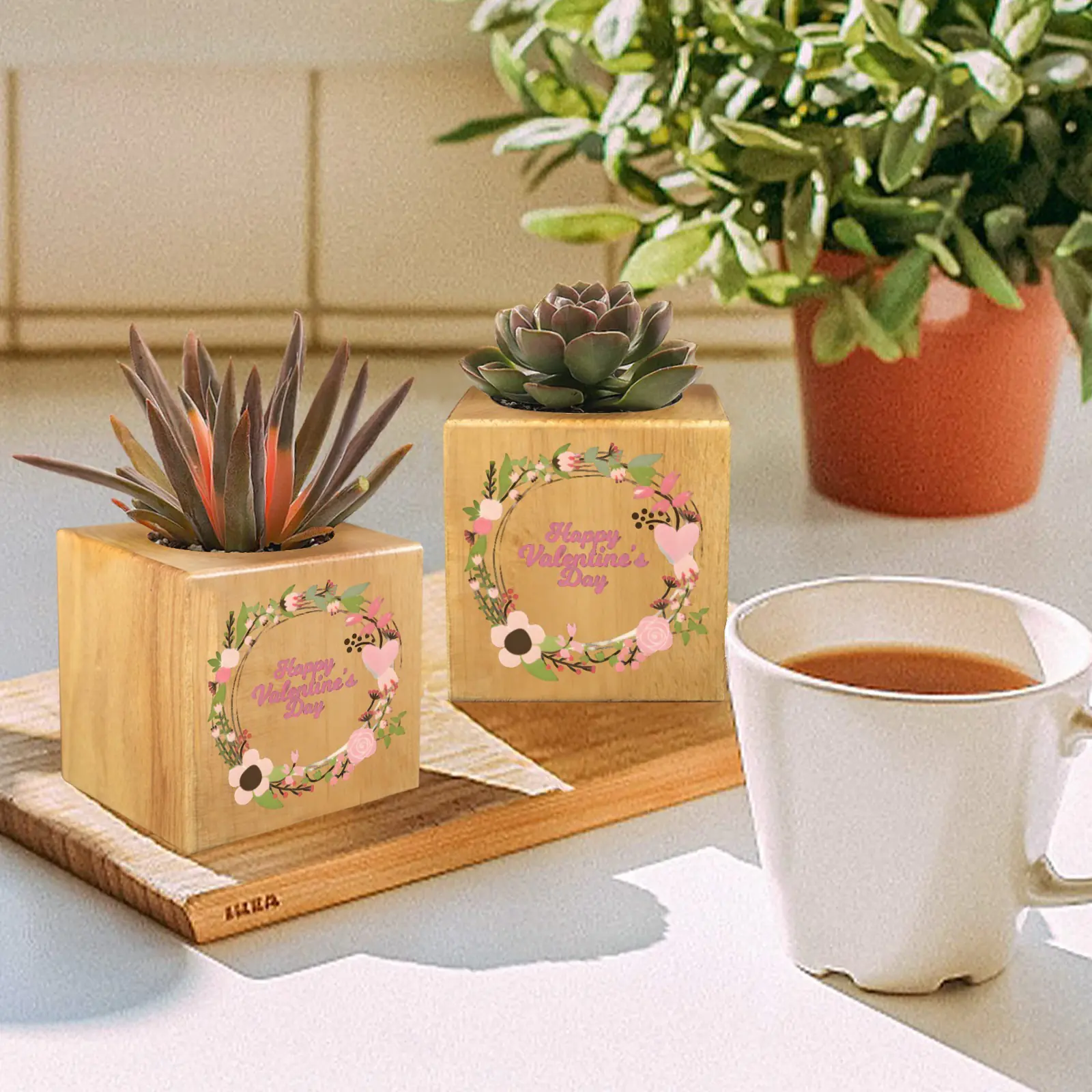 Mini Flower Pot, Valentine’s Indoor Wooden Desk Planter – Wreath Mini Wooden Flower Pot Planters cube flower pot 5